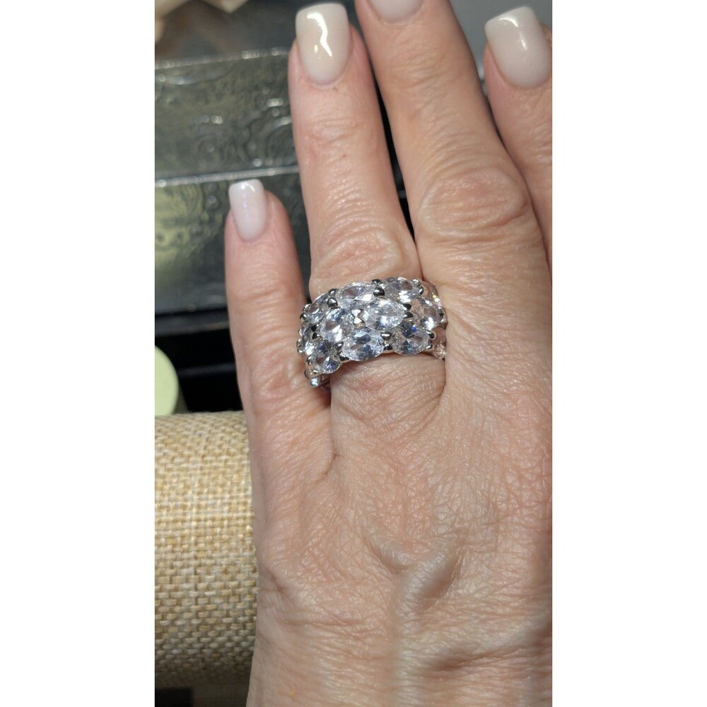 Vtg 3-Row Oval Crystal Band Ring 14mm Statement Dazzler Size 6.5 Silver Prongs